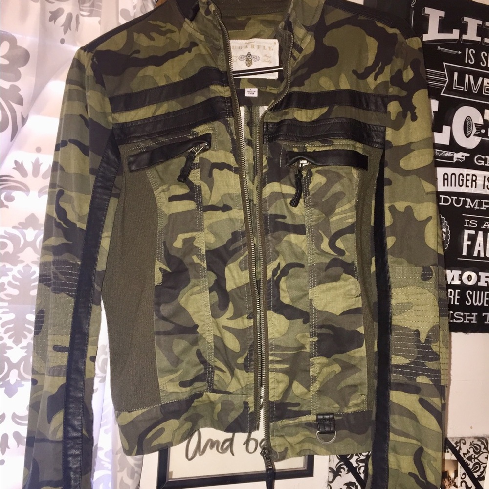 Camo and leather jacket